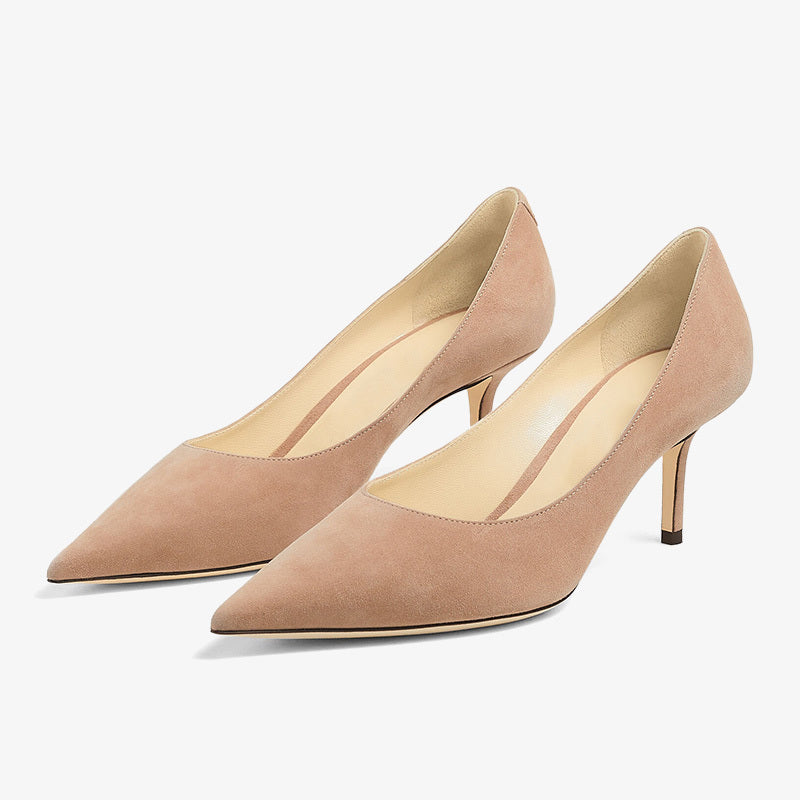 Soft Pink Suede Pointed-Toe Pumps