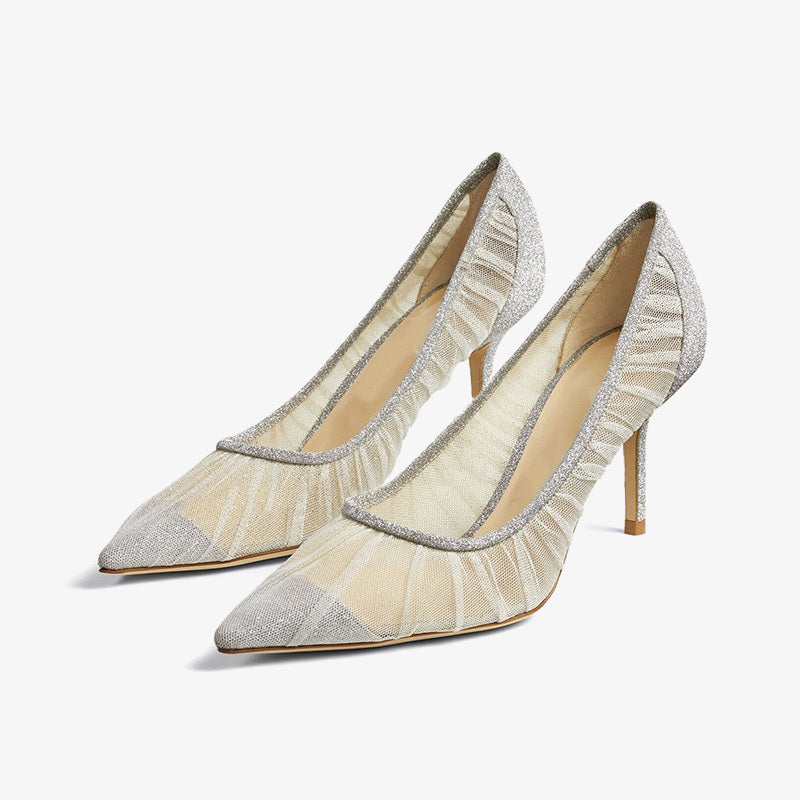 Soft Silver Glitter Pointed-Toe Stilettos